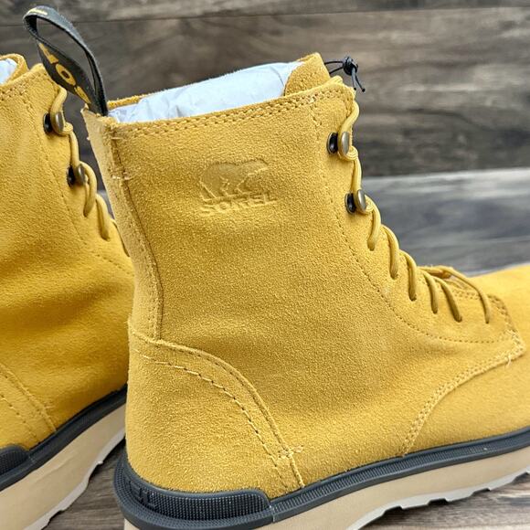 NIB Sorel Hi Line Lace 9.5 Waterproof Leather Lug Sole Combat Boots Geo Yellow - Picture 5 of 14
